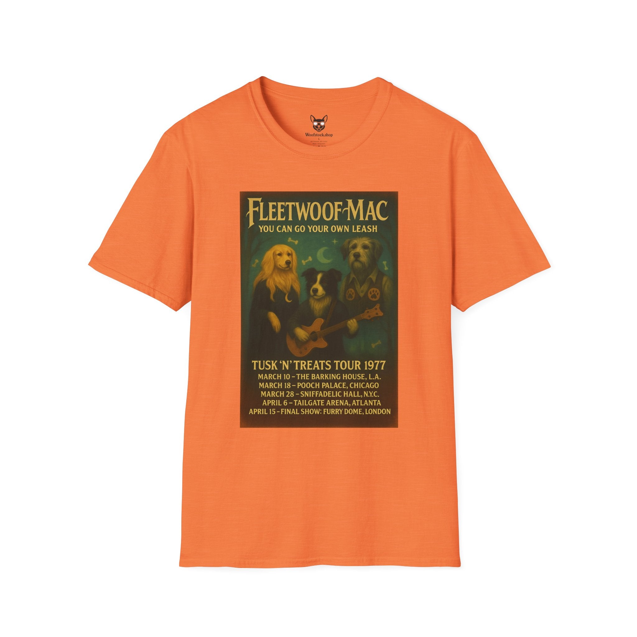 Fleetwood Mac Concert Poster Dog Parody Unisex Softstyle T-Shirt – Funny Tee for Music and Dog Lovers